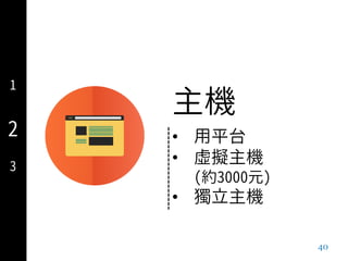 40
1
2
3
主機
• 用平台
• 虛擬主機
(約3000元)
• 獨立主機
 