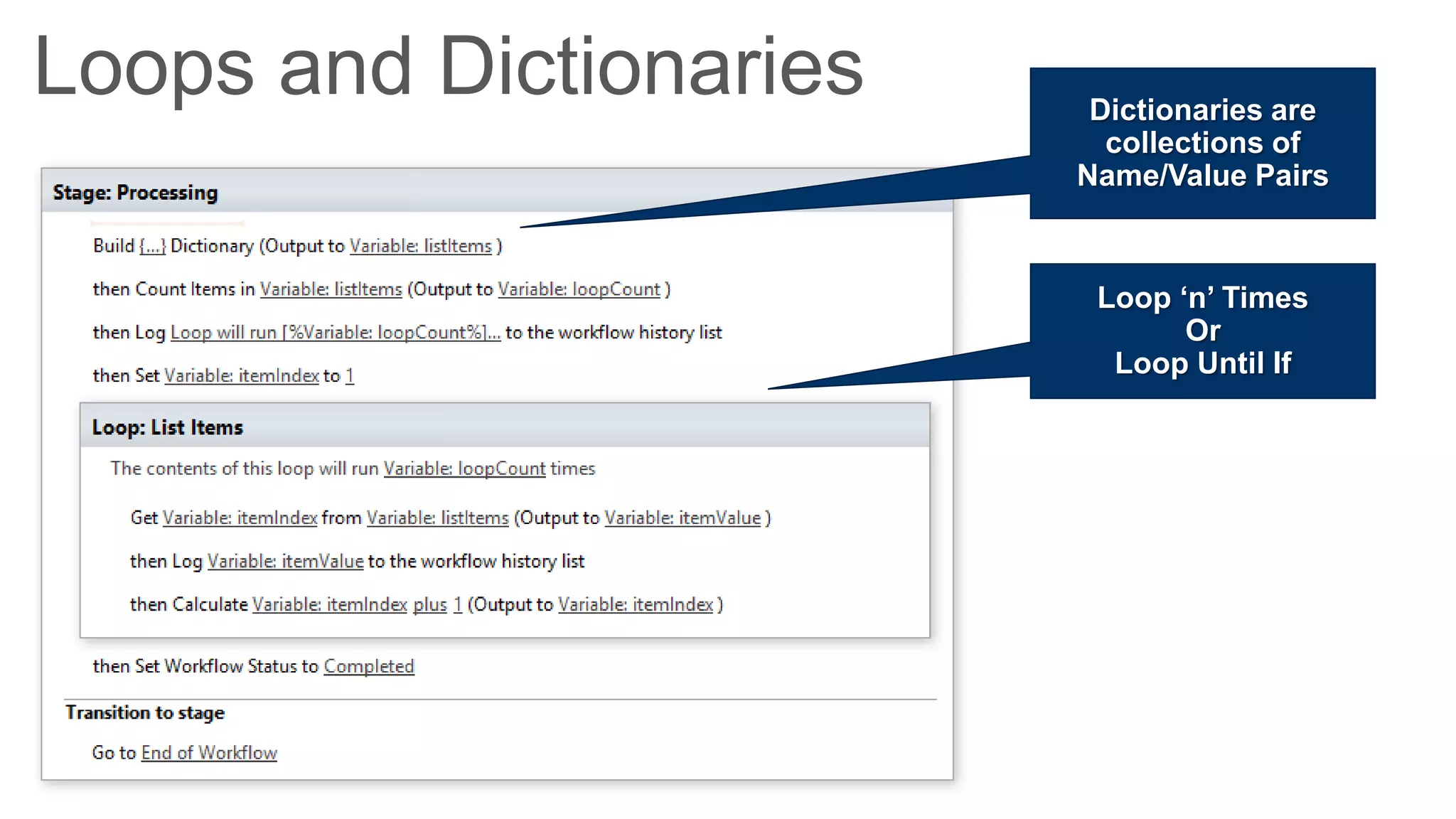 Loops and Dictionaries    Dictionaries are
                           collections of
                         Name/Value Pairs



                          Loop ‘n’ Times
                                Or
                           Loop Until If
 