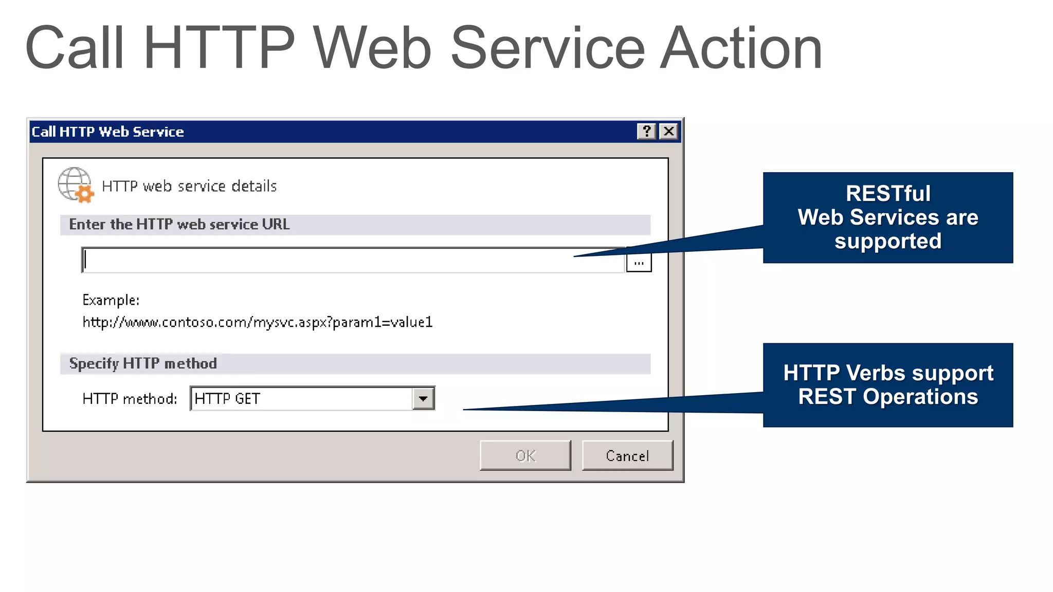 Call HTTP Web Service Action

                              RESTful
                           Web Services are
                             supported




                          HTTP Verbs support
                           REST Operations
 