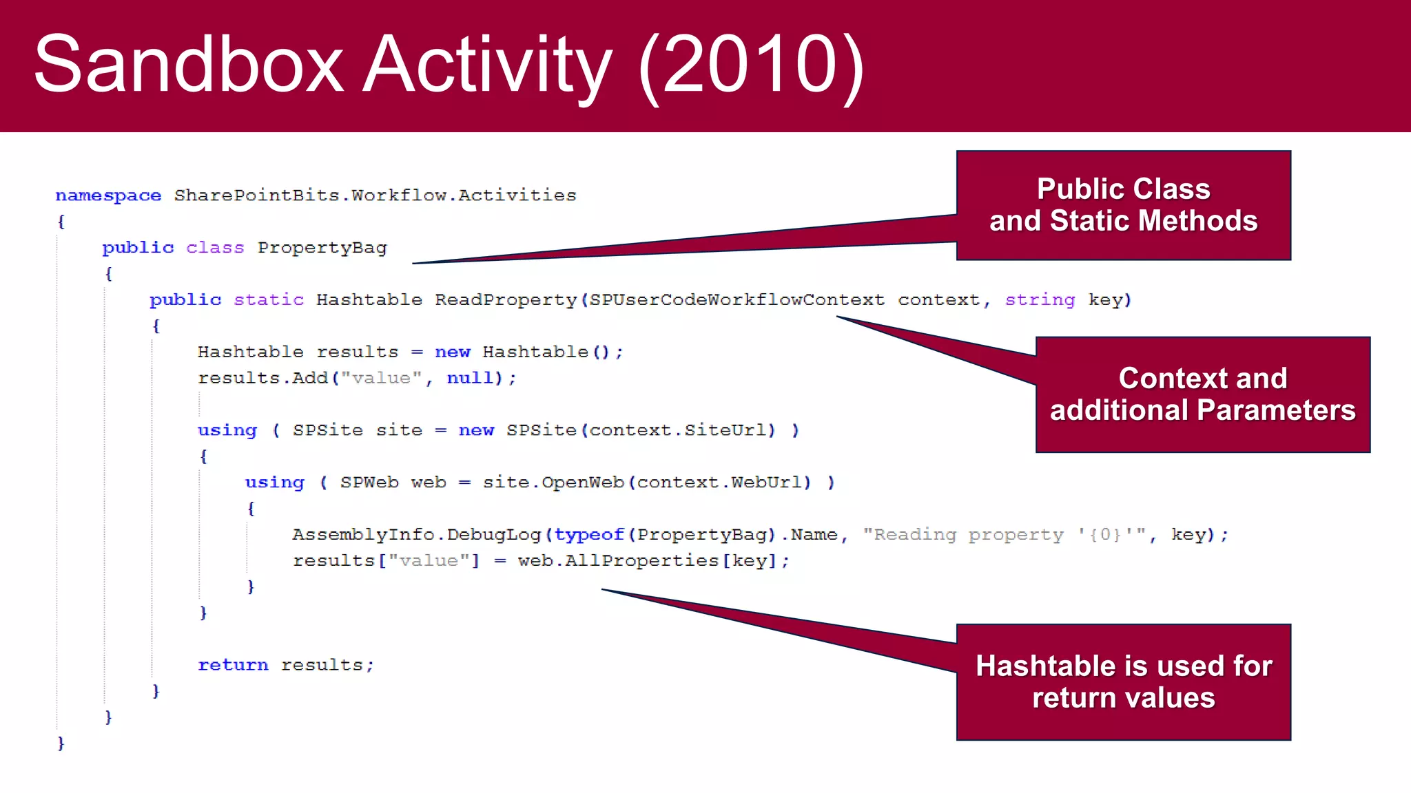 Sandbox Activity (2010)
                             Public Class
                          and Static Methods




                                    Context and
                               additional Parameters




                          Hashtable is used for
                             return values
 