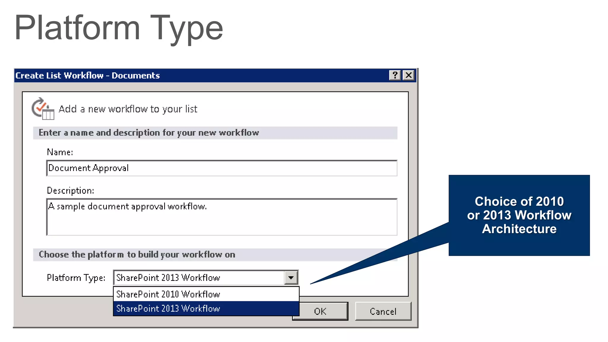 Platform Type



                 Choice of 2010
                or 2013 Workflow
                   Architecture
 