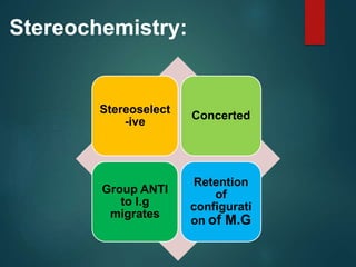 Stereoselect
-ive
Concerted
Group ANTI
to l.g
migrates
Retention
of
configurati
on of M.G
Stereochemistry:
 
