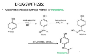 DRUGSYNTHESIS:
• An alternative industrial synthesis method for Paracetamol.
7
Paracetamol
PHENOL
(acetic anhydride)
Ketone Ketoxime
Hydroxylamine
 