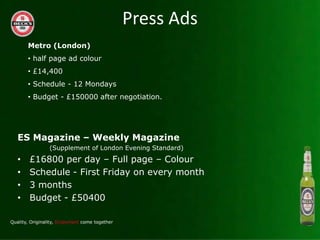 Press Ads
    Metro (London)
    ? half page ad colour
    ? ?14,400
    ? Schedule - 12 Mondays
    ? Budget - ?150000 after negotiation.




ES Magazine C Weekly Magazine
          (Supplement of London Evening Standard)
?   ?16800 per day C Full page C Colour
?   Schedule - First Friday on every month
?   3 months
?   Budget - ?50400
 