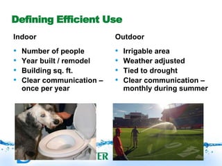 Defining Efficient Use
Indoor Outdoor
• Irrigable area
• Weather adjusted
• Tied to drought
• Clear communication –
monthly during summer
• Number of people
• Year built / remodel
• Building sq. ft.
• Clear communication –
once per year
 