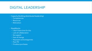 DIGITAL LEADERSHIP
Capacity Building (distributed leadership)
Competencies
Resources
Motivation
Roadblocks
I don’t have time for this
Lack of collaboration
No support
Fear of change
Naysayers and antagonists
Poor PD
Frivolous purchases