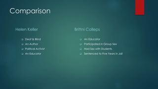 Comparison
Helen Keller
 Deaf & Blind
 An Author
 Political Activist
 An Educator
Brittni Colleps
 An Educator
 Participated in Group Sex
 Had Sex with Students
 Sentenced to Five Years in Jail
 