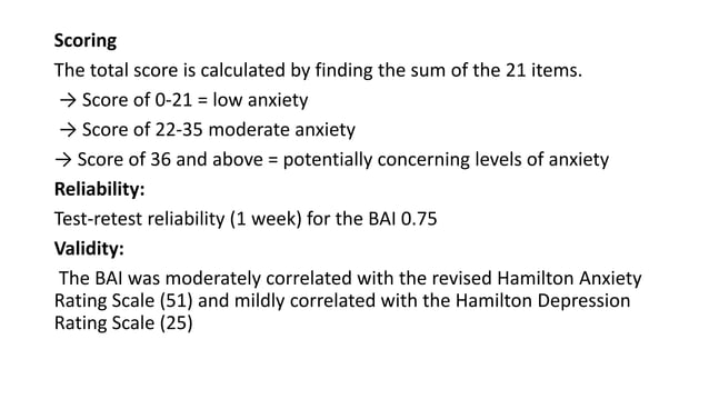 Beck Depression Inventory Scores Interpretation BECK YOUTH INVENTORY in psychological testing | PPTX