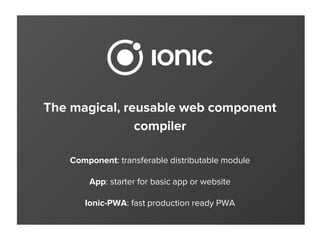The magical, reusable web component
compiler
Component: transferable distributable module
App: starter for basic app or website
Ionic-PWA: fast production ready PWA
 
