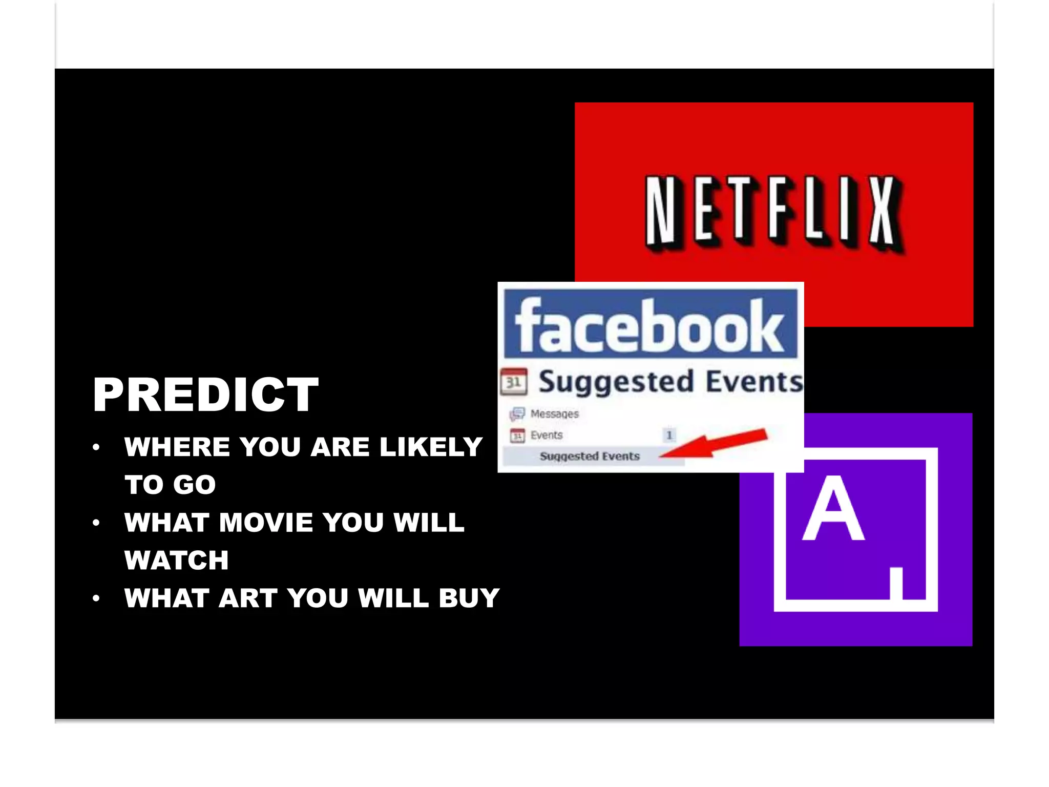 PREDICT
• WHERE YOU ARE LIKELY
  TO GO
• WHAT MOVIE YOU WILL
  WATCH
• WHAT ART YOU WILL BUY
 