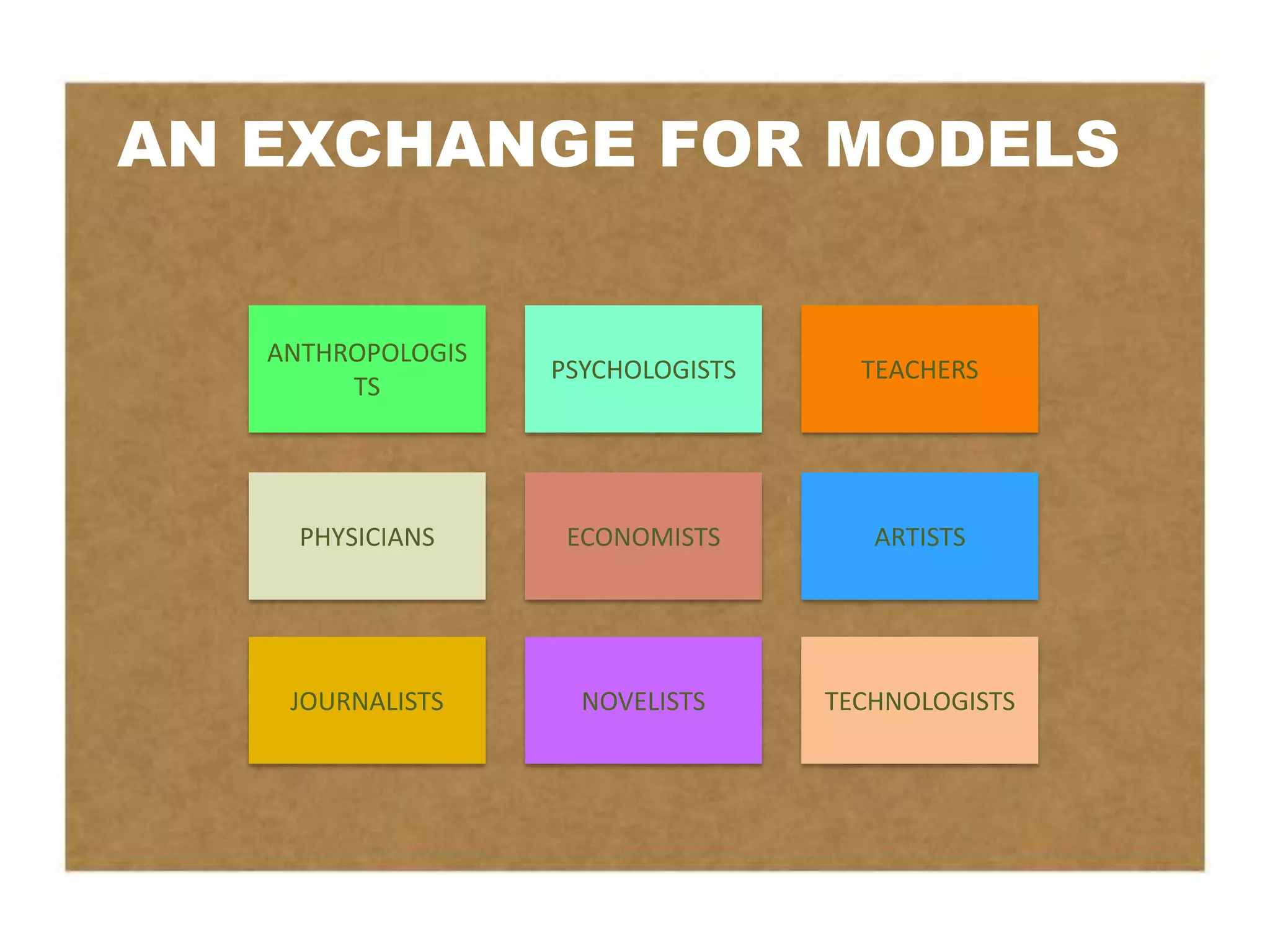 AN EXCHANGE FOR MODELS


   ANTHROPOLOGIS
                   PSYCHOLOGISTS     TEACHERS
        TS




     PHYSICIANS     ECONOMISTS        ARTISTS




    JOURNALISTS      NOVELISTS     TECHNOLOGISTS
 