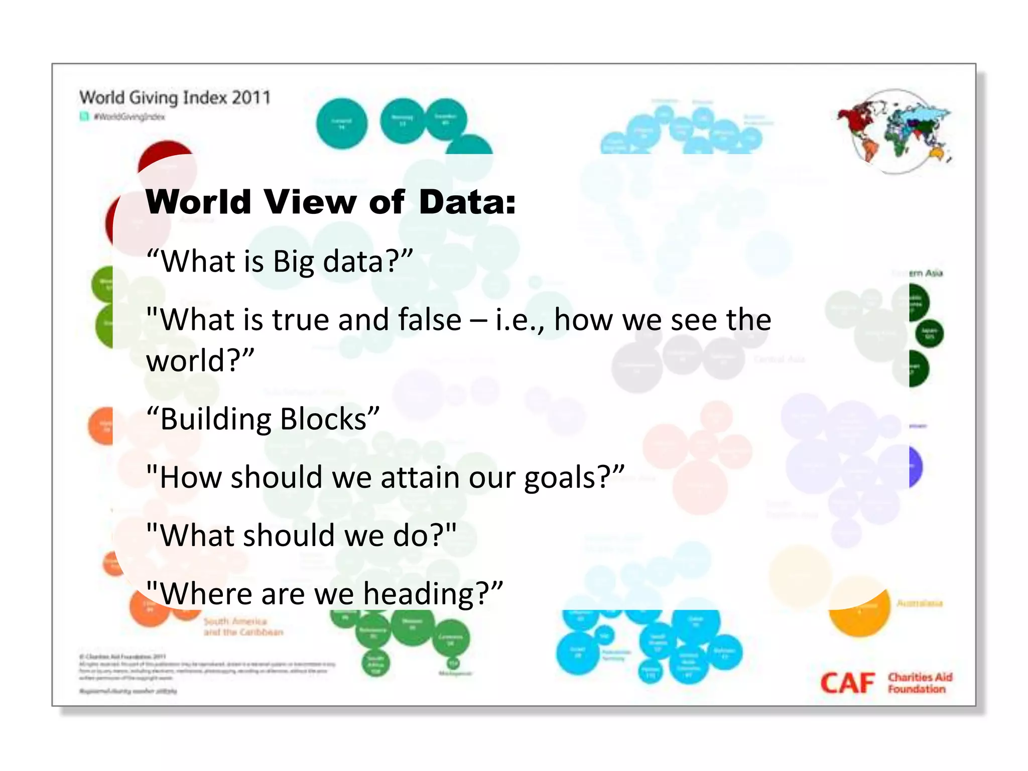 World View of Data:
“What is Big data?”
"What is true and false – i.e., how we see the
world?”
“Building Blocks”
"How should we attain our goals?”
"What should we do?"
"Where are we heading?”
 