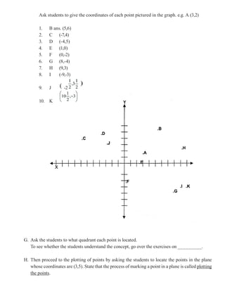 I. Present the following example
   Locate the points P(-1,2), Q(2,3), R(-3,-4), S(3,-5) in the plane.




J. State that w...