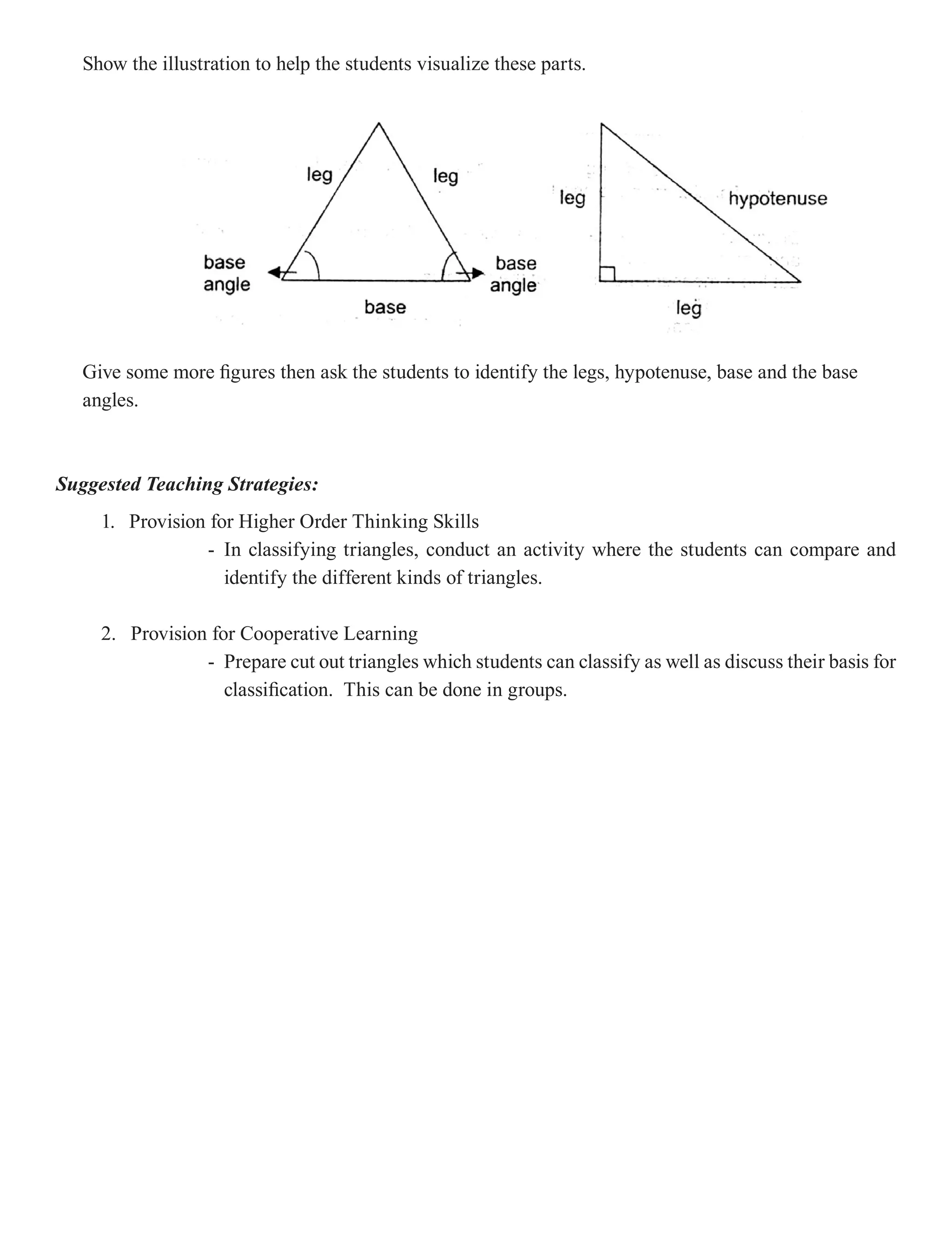 Show the illustration to help the students visualize these parts.




   Give some more figures then ask the students to identify the legs, hypotenuse, base and the base
   angles.



Suggested Teaching Strategies:
     1. Provision for Higher Order Thinking Skills
                 - In classifying triangles, conduct an activity where the students can compare and
                    identify the different kinds of triangles.

     2. Provision for Cooperative Learning
                 - Prepare cut out triangles which students can classify as well as discuss their basis for
                    classification. This can be done in groups.
 
