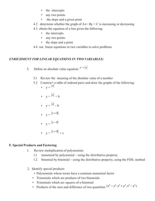 • the intercepts
                      • any two points
                      • the slope and a given point
                 4.2 determine whether the graph of Ax+ By = C is increasing or decreasing
                 4.3 obtain the equation of a line given the following:
                      • the intercepts
                      • any two points
                      • the slope and a point
                 4.4 use linear equations in two variables to solve problems


ENRICHMENT FOR LINEAR EQUATIONS IN TWO VARIABLES:


            5.   Define an absolute value equation

                 5.1 Review the meaning of the absolute value of a number
                 5.2 Construct a table of ordered pairs and draw the graphs of the following:
                     • y=

                      •   y=     +b

                      •   y=     -b

                      •   y=

                      •   y=

                      •   y=          +c


F. Special Products and Factoring
            1.   Review multiplication of polynomials
                 1.1 monomial by polynomial – using the distributive property
                 1.2 binomial by binomial – using the distributive property, using the FOIL method

            2. Identify special products
                 • Polynomials whose terms have a common monomial factor
               • Trinomials which are products of two binomials
               • Trinomials which are squares of a binomial
               • Products of the sum and difference of two quantities
 