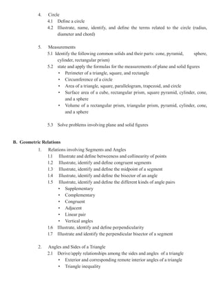 4.   Circle
                4.1 Define a circle
                4.2 Illustrate, name, identify, and define the terms related to the circle (radius,
                     diameter and chord)

           5.   Measurements
                5.1 Identify the following common solids and their parts: cone, pyramid,     sphere,
                     cylinder, rectangular prism)
                5.2 state and apply the formulas for the measurements of plane and solid figures
                      • Perimeter of a triangle, square, and rectangle
                      • Circumference of a circle
                      • Area of a triangle, square, parallelogram, trapezoid, and circle
                      • Surface area of a cube, rectangular prism, square pyramid, cylinder, cone,
                         and a sphere
                      • Volume of a rectangular prism, triangular prism, pyramid, cylinder, cone,
                         and a sphere

                5.3 Solve problems involving plane and solid figures


B. Geometric Relations
           1.   Relations involving Segments and Angles
                1.1 Illustrate and define betweeness and collinearity of points
                1.2 Illustrate, identify and define congruent segments
                1.3 Illustrate, identify and define the midpoint of a segment
                1.4 Illustrate, identify and define the bisector of an angle
                1.5 Illustrate, identify and define the different kinds of angle pairs
                     • Supplementary
                     • Complementary
                     • Congruent
                     • Adjacent
                     • Linear pair
                     • Vertical angles
                1.6 Illustrate, identify and define perpendicularity
                1.7 Illustrate and identify the perpendicular bisector of a segment

           2.   Angles and Sides of a Triangle
                2.1 Derive/apply relationships among the sides and angles of a triangle
                    • Exterior and corresponding remote interior angles of a triangle
                    • Triangle inequality
 
