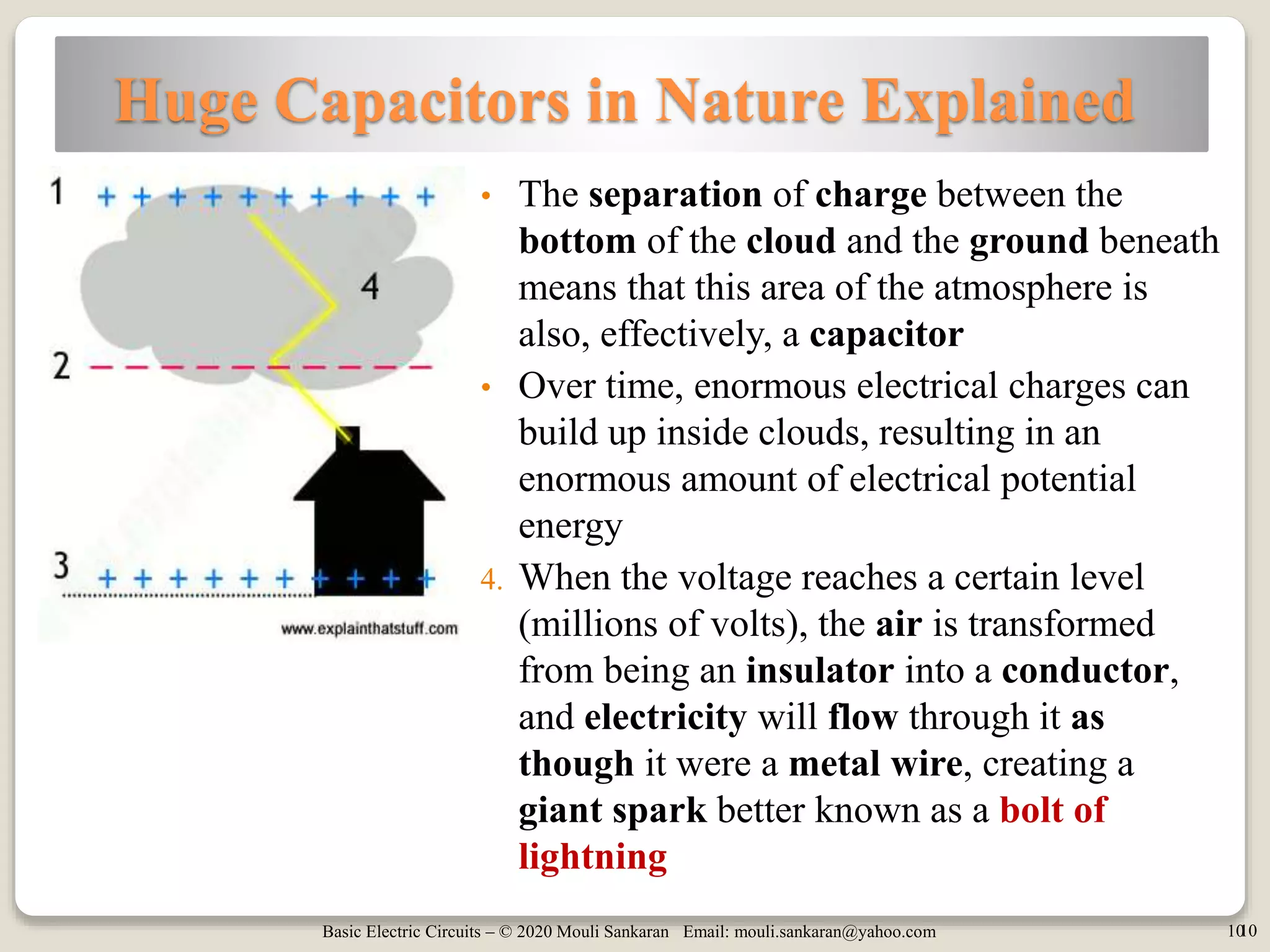 Basic Electric Circuits – © 2020 Mouli Sankaran Email: mouli.sankaran@yahoo.com 10
Huge Capacitors in Nature Explained
• The separation of charge between the
bottom of the cloud and the ground beneath
means that this area of the atmosphere is
also, effectively, a capacitor
• Over time, enormous electrical charges can
build up inside clouds, resulting in an
enormous amount of electrical potential
energy
4. When the voltage reaches a certain level
(millions of volts), the air is transformed
from being an insulator into a conductor,
and electricity will flow through it as
though it were a metal wire, creating a
giant spark better known as a bolt of
lightning
10
 