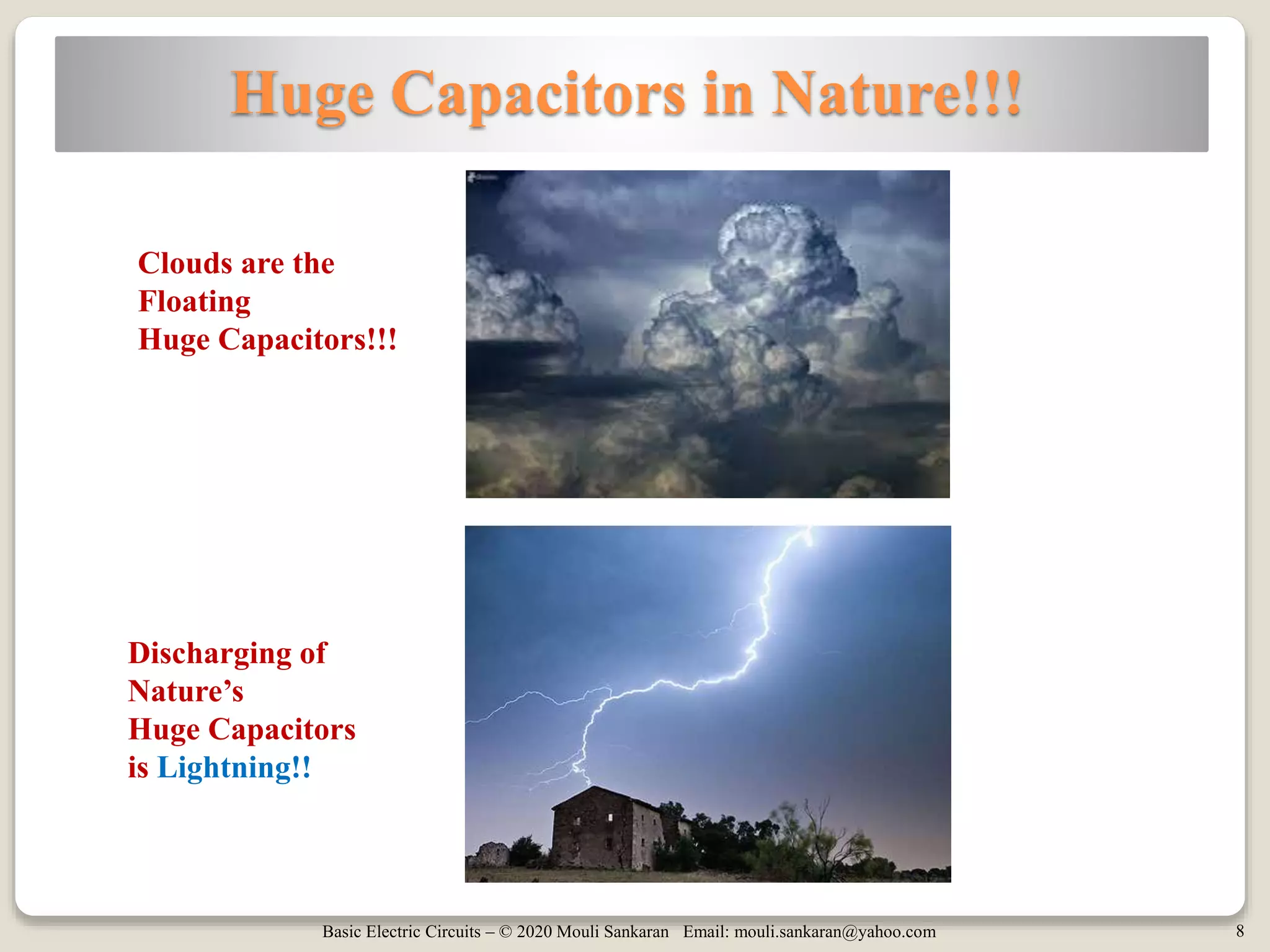 Basic Electric Circuits – © 2020 Mouli Sankaran Email: mouli.sankaran@yahoo.com 8
Huge Capacitors in Nature!!!
Discharging of
Nature’s
Huge Capacitors
is Lightning!!
Clouds are the
Floating
Huge Capacitors!!!
 