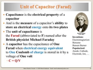 Basic Electric Circuits – © 2020 Mouli Sankaran Email: mouli.sankaran@yahoo.com 14
Unit of Capacitor (Farad)
 Capacitance is the electrical property of a
capacitor
 And is the measure of a capacitor’s ability to
store an electrical energy onto its two plates
 The unit of capacitance is
the Farad (abbreviated to F) named after the
British physicist Michael Faraday
 A capacitor has the capacitance of One
Farad when electrical energy equivalent
to One Coulomb of charge is stored in it by a
voltage of One volt
◦ C = Q/V
Inventions:
Electromagnetism
Benzene
Bunsen Burner
Popularized:
Anode, Cathode,
Electrode, Ion, …
 