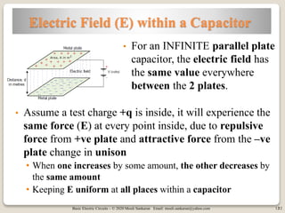 Basic Electric Circuits – © 2020 Mouli Sankaran Email: mouli.sankaran@yahoo.com 12
Electric Field (E) within a Capacitor
• For an INFINITE parallel plate
capacitor, the electric field has
the same value everywhere
between the 2 plates.
12
• Assume a test charge +q is inside, it will experience the
same force (E) at every point inside, due to repulsive
force from +ve plate and attractive force from the –ve
plate change in unison
• When one increases by some amount, the other decreases by
the same amount
• Keeping E uniform at all places within a capacitor
 