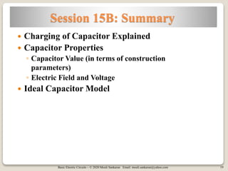 Basic Electric Circuits – © 2020 Mouli Sankaran Email: mouli.sankaran@yahoo.com 19
Session 15B: Summary
 Charging of Capacitor Explained
 Capacitor Properties
◦ Capacitor Value (in terms of construction
parameters)
◦ Electric Field and Voltage
 Ideal Capacitor Model
 