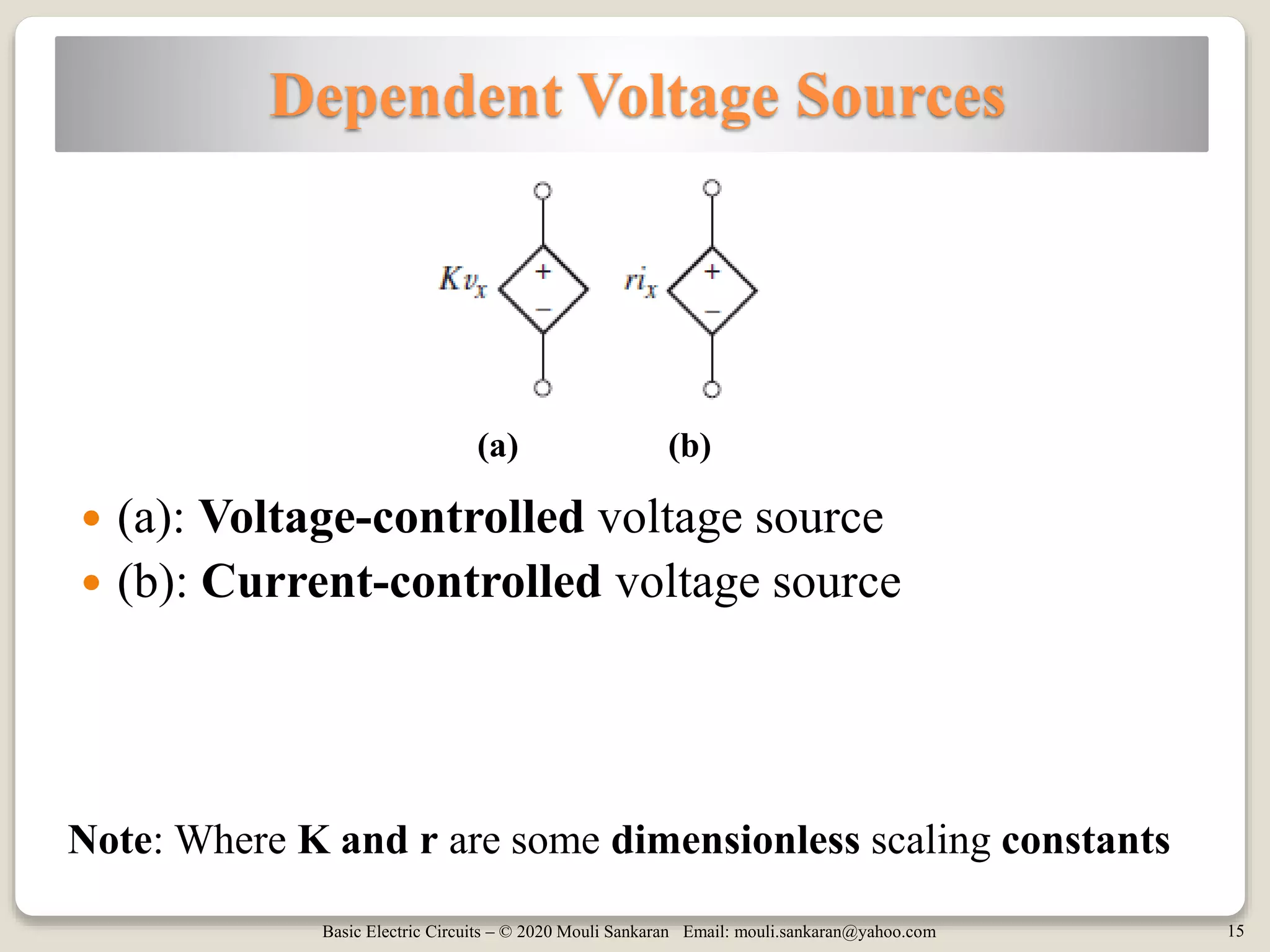 Basic Electric Circuits – © 2020 Mouli Sankaran Email: mouli.sankaran@yahoo.com 15
Dependent Voltage Sources
 (a): Voltage-controlled voltage source
 (b): Current-controlled voltage source
Note: Where K and r are some dimensionless scaling constants
(a) (b)
 