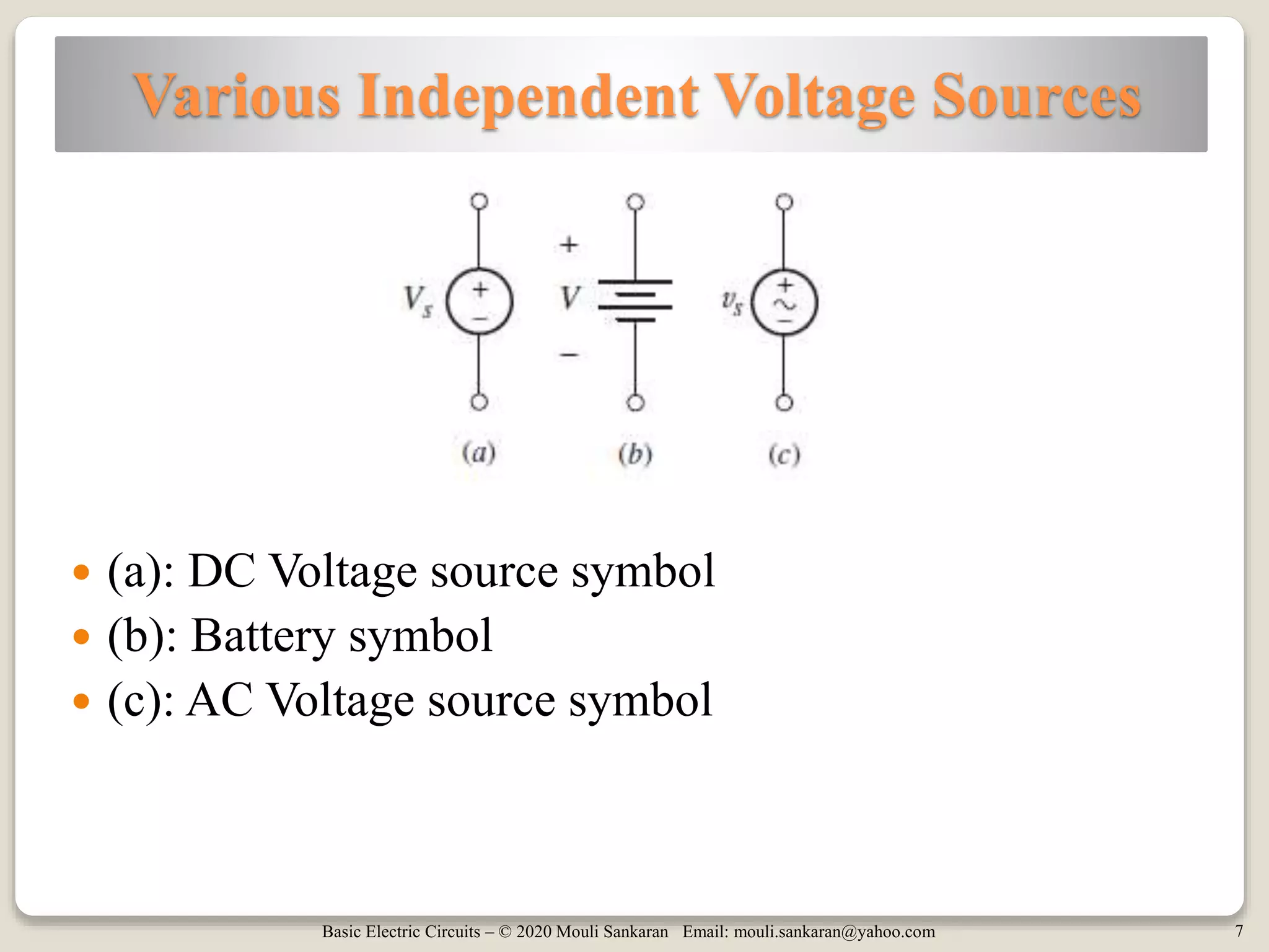 Basic Electric Circuits – © 2020 Mouli Sankaran Email: mouli.sankaran@yahoo.com 7
Various Independent Voltage Sources
 (a): DC Voltage source symbol
 (b): Battery symbol
 (c): AC Voltage source symbol
 