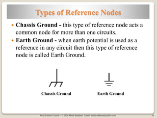 Basic Electric Circuits – © 2020 Mouli Sankaran Email: mouli.sankaran@yahoo.com 10
Types of Reference Nodes
 Chassis Ground - this type of reference node acts a
common node for more than one circuits.
 Earth Ground - when earth potential is used as a
reference in any circuit then this type of reference
node is called Earth Ground.
Chassis Ground Earth Ground
 