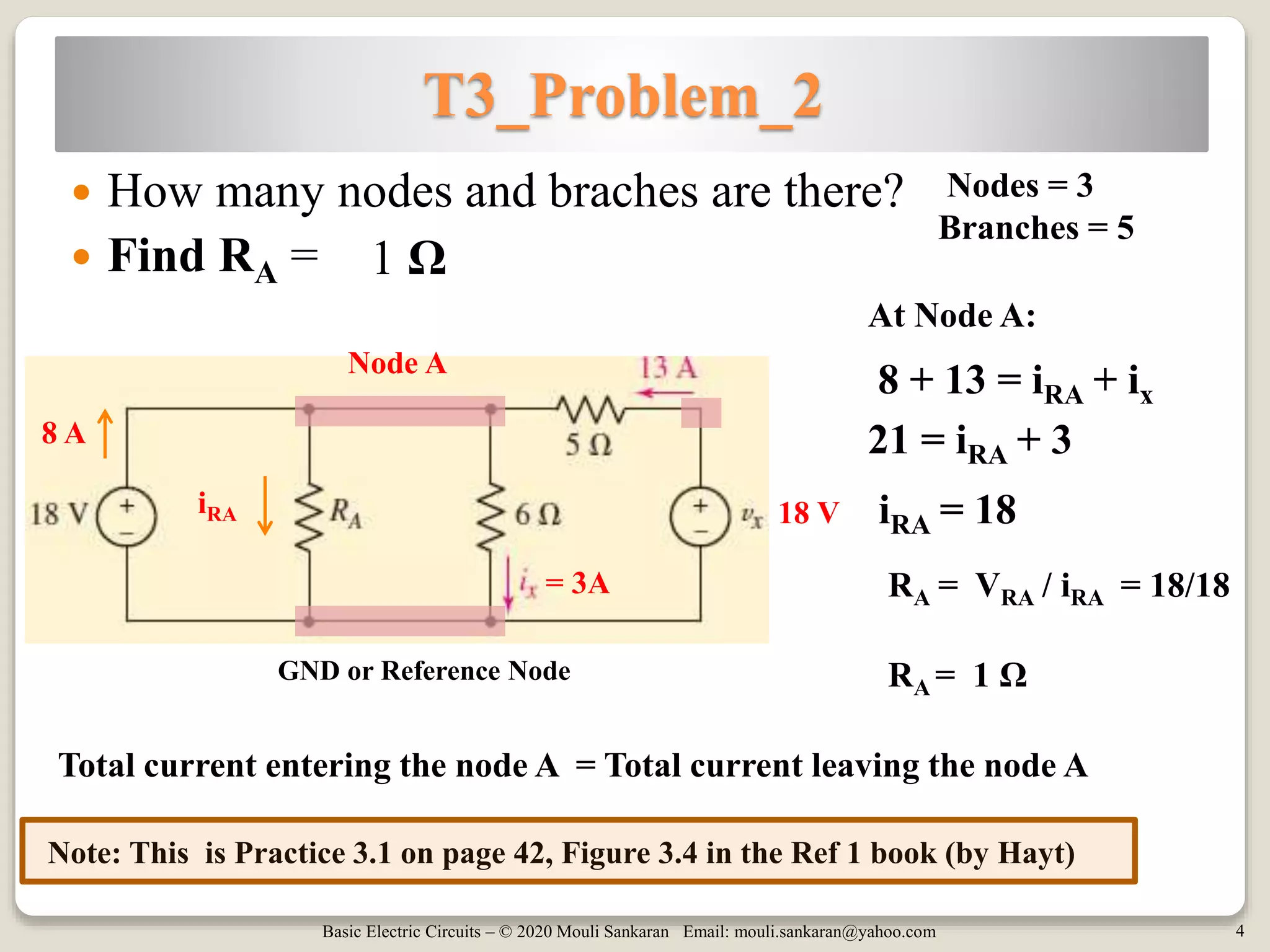 Basic Electric Circuits – © 2020 Mouli Sankaran Email: mouli.sankaran@yahoo.com 4
T3_Problem_2
 How many nodes and braches are there?
 Find RA =
Note: This is Practice 3.1 on page 42, Figure 3.4 in the Ref 1 book (by Hayt)
1 Ω
8 + 13 = iRA + ix
Total current entering the node A = Total current leaving the node A
= 3A
8 A
Nodes = 3
Branches = 5
18 V
Node A
At Node A:
iRA
21 = iRA + 3
iRA = 18
RA = VRA / iRA = 18/18
RA = 1 ΩGND or Reference Node
 