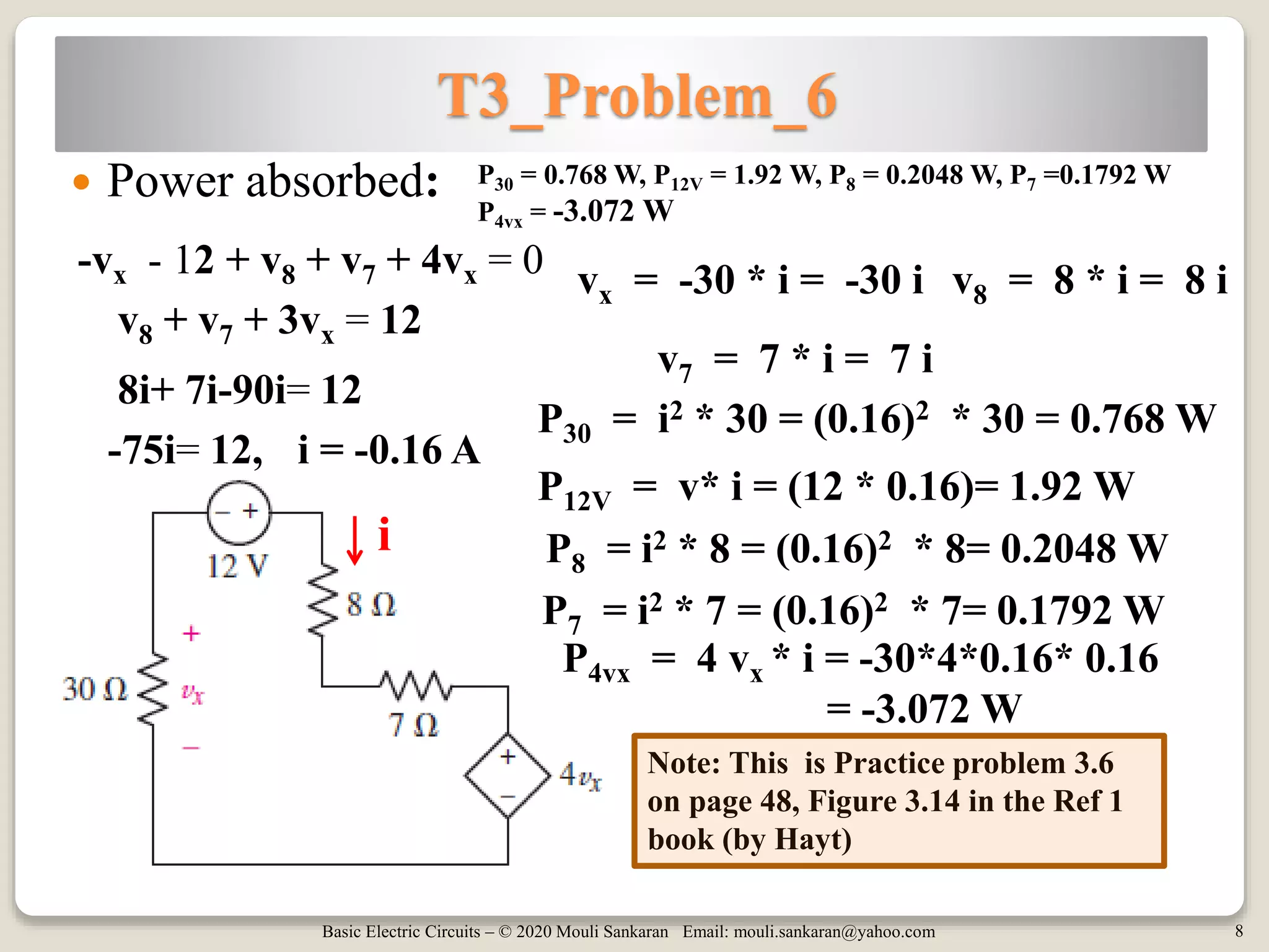 Basic Electric Circuits – © 2020 Mouli Sankaran Email: mouli.sankaran@yahoo.com 8
T3_Problem_6
 Power absorbed: P30 = 0.768 W, P12V = 1.92 W, P8 = 0.2048 W, P7 =0.1792 W
P4vx = -3.072 W
Note: This is Practice problem 3.6
on page 48, Figure 3.14 in the Ref 1
book (by Hayt)
-vx - 12 + v8 + v7 + 4vx = 0 vx = -30 * i = -30 i
v8 + v7 + 3vx = 12
i
v8 = 8 * i = 8 i
v7 = 7 * i = 7 i
8i+ 7i-90i= 12
-75i= 12, i = -0.16 A
P30 = i2 * 30 = (0.16)2 * 30 = 0.768 W
P12V = v* i = (12 * 0.16)= 1.92 W
P8 = i2 * 8 = (0.16)2 * 8= 0.2048 W
P7 = i2 * 7 = (0.16)2 * 7= 0.1792 W
P4vx = 4 vx * i = -30*4*0.16* 0.16
= -3.072 W
 