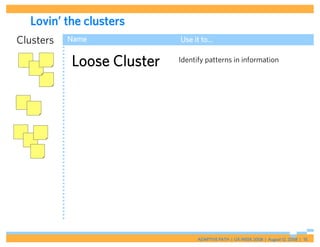 Lovin’ the clusters
Clusters   Name            Use it to…


           Loose Cluster   Identify patterns in information


...
