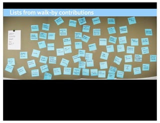 Lists from walk-by contributions




                                   ADAPTIVE PATH | UX WEEK 2008 | August 12, 2008 | 21
 