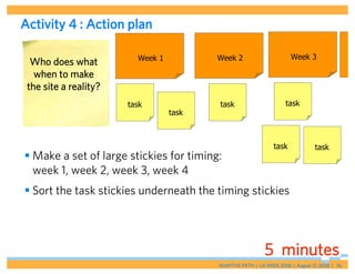 Activity 4 : Action plan

                         Week 1          Week 2                       Week 3
  Who does what
   when to make
 the site a reality?
                       task              task                       task
                                  task



                                                               task              task
 Make a set of large stickies for timing:
  week 1, week 2, week 3, week 4
 Sort the task stickies underneath the timing stickies




                                                            5 minutes
                                         ADAPTIVE PATH | UX WEEK 2008 | August 12, 2008 | 76
 