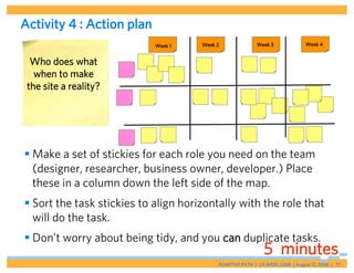 Activity 4 : Action plan
                            Week 1    Week 2               Week 3              Week 4


  Who does what
   when to make
 the site a reality?




 Make a set of stickies for each role you need on the team
  (designer, researcher, business owner, developer.) Place
  these in a column down the left side of the map.
 Sort the task stickies to align horizontally with the role that
  will do the task.
 Don’t worry about being tidy, and you can duplicate tasks.
                                                              5 minutes
                                           ADAPTIVE PATH | UX WEEK 2008 | August 12, 2008 | 77
 