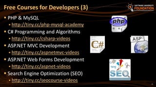 15
 PHP & MySQL
 http://tiny.cc/php-mysql-academy
 C# Programming and Algorithms
 http://tiny.cc/csharp-videos
 ASP.NET MVC Development
 http://tiny.cc/aspnetmvc-videos
 ASP.NET Web Forms Development
 http://tiny.cc/aspnet-videos
 Search Engine Optimization (SEO)
 http://tiny.cc/seocourse-videos
Free Courses for Developers (3)
 