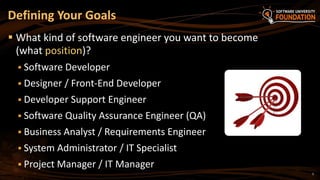 5
 What kind of software engineer you want to become
(what position)?
 Software Developer
 Designer / Front-End Developer
 Developer Support Engineer
 Software Quality Assurance Engineer (QA)
 Business Analyst / Requirements Engineer
 System Administrator / IT Specialist
 Project Manager / IT Manager
Defining Your Goals
 