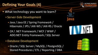 8
 What technology you want to learn?
 Server-Side Development
 Java / Java EE / Spring Framework /
Hibernate / JPS / JAX-WS / JAX-RS / Oracle
 C# / .NET Framework / WCF / WWF /
ADO.NET Entity Framework / SQL Server
 Database Development
 Oracle / SQL Server / MySQL / PostgreSQL /
Stored Procedures / ETL / Reporting / DBA
Defining Your Goals (4)
 