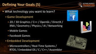 9
 What technology you want to learn?
 Game Development
 2D / 3D Graphics / C++ / OpenGL / DirectX /
XNA / Geometry / Physics / AI / Networking
 Mobile Games
 Facebook Games
 Embedded Development
 Microcontrollers / Real-Time Systems /
RTOS / Embedded OS / C / C++ / Assembler
Defining Your Goals (5)
 