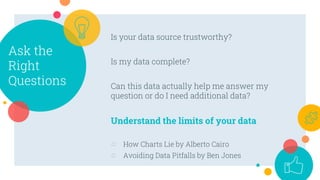 Ask the
Right
Questions
Is your data source trustworthy?
Is my data complete?
Can this data actually help me answer my
question or do I need additional data?
Understand the limits of your data
○ How Charts Lie by Alberto Cairo
○ Avoiding Data Pitfalls by Ben Jones
 