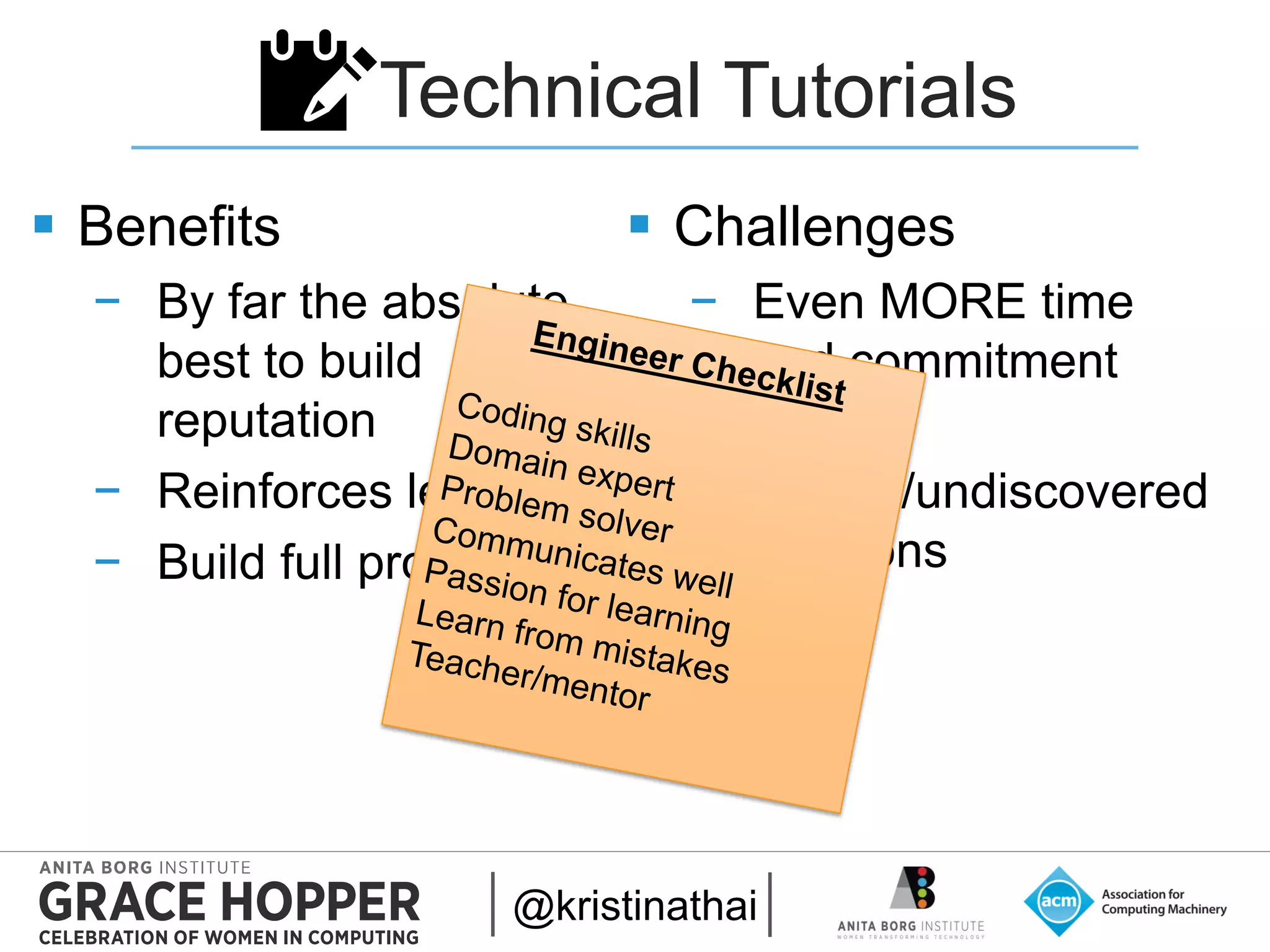 2015
Technical Tutorials
 Benefits
− By far the absolute
best to build
reputation
− Reinforces learning
− Build full projects
 Challenges
− Even MORE time
and commitment
− Find
unique/undiscovered
solutions
@kristinathai
📝
 