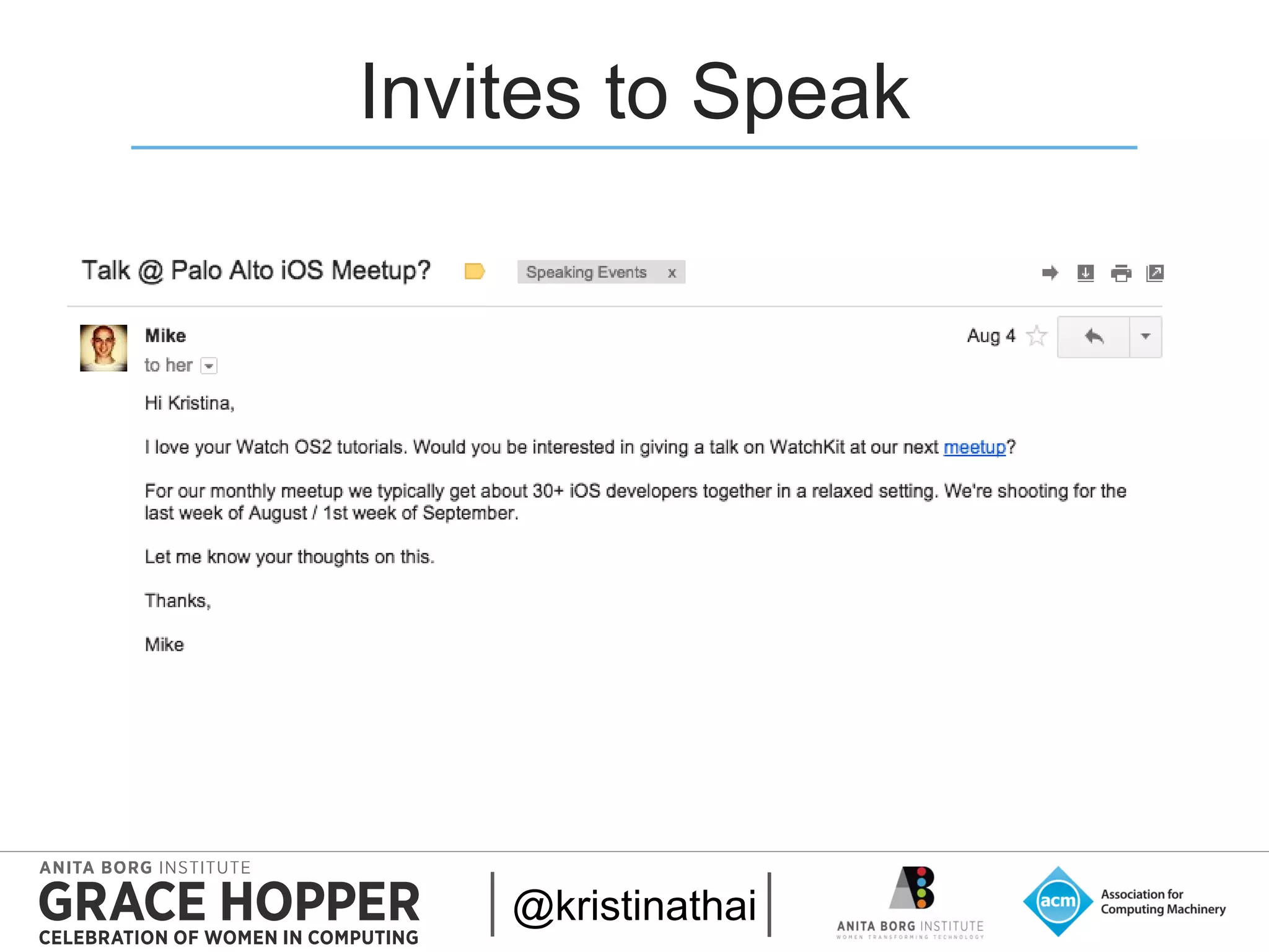 2015
Invites to Speak
@kristinathai
 