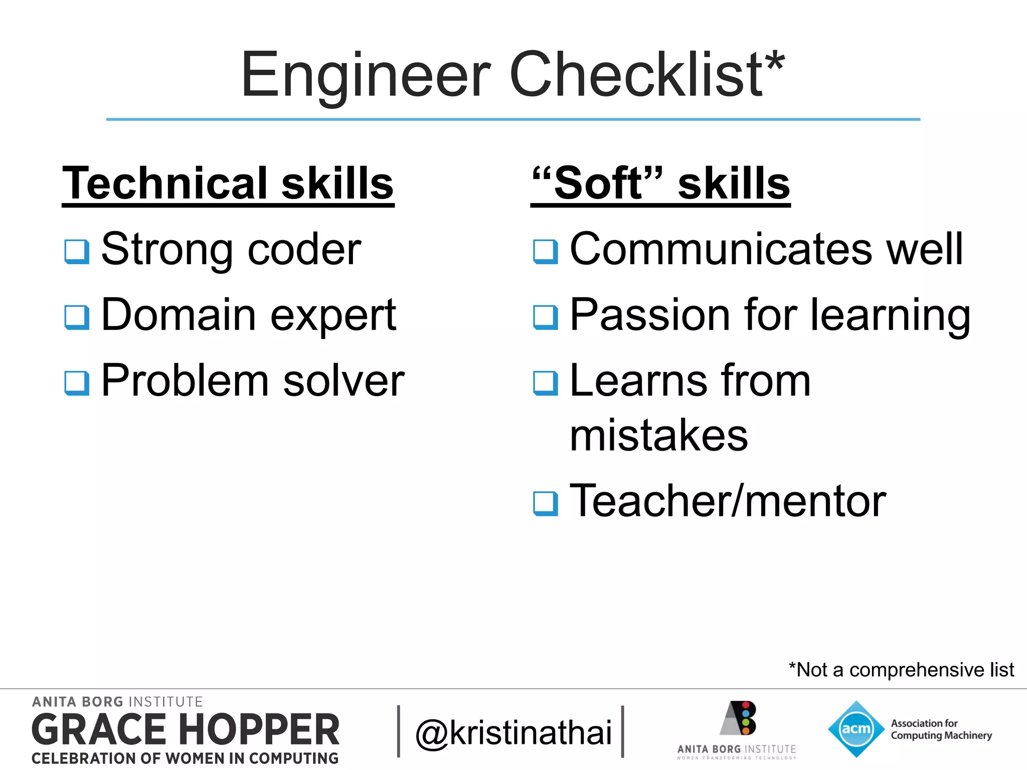 2015
Engineer Checklist*
Technical skills
 Strong coder
 Domain expert
 Problem solver
“Soft” skills
 Communicates well
 Passion for learning
 Learns from
mistakes
 Teacher/mentor
@kristinathai
*Not a comprehensive list
 