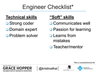 2015
Engineer Checklist*
Technical skills
 Strong coder
 Domain expert
 Problem solver
“Soft” skills
 Communicates wel...