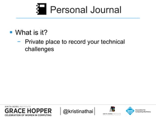 2015
Personal Journal
@kristinathai
📓
 What is it?
− Private place to record your technical
challenges
 