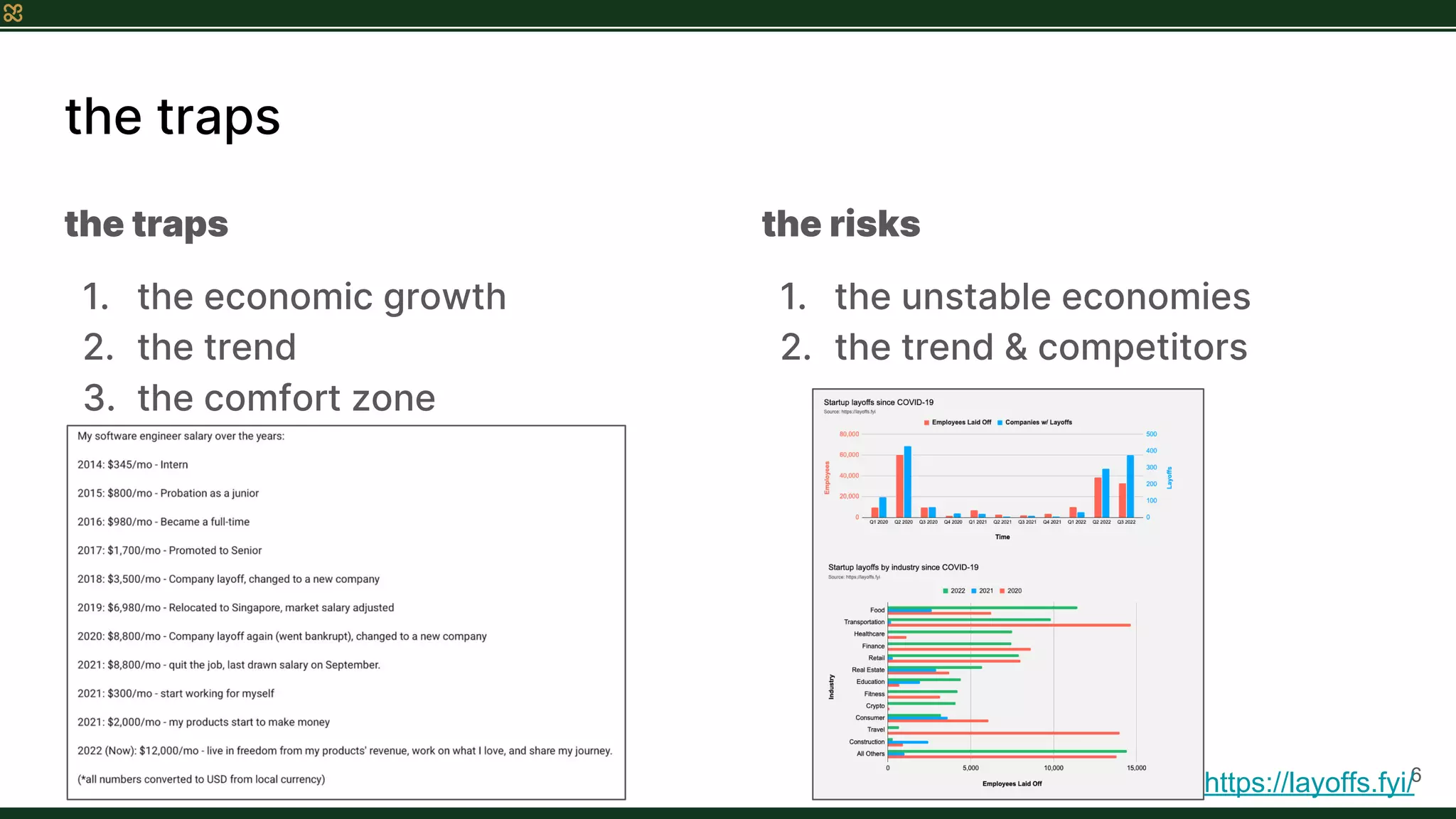 the traps
the traps
1. the economic growth
2. the trend
3. the comfort zone
6
the risks
1. the unstable economies
2. the trend & competitors
https://layoffs.fyi/