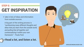 WWW.BECOMEABLOGGER.COM
GET INSPIRATION
STEP 0:
take in lots of ideas and information
from outside sources.
A big part of the writing process is
“synthesizing many different thoughts and
ideas that you learn from the outside world,
and pulling that all together and
contextualizing it within your own
framework.” - Paula Pant
Read a lot, and listen a lot.
 