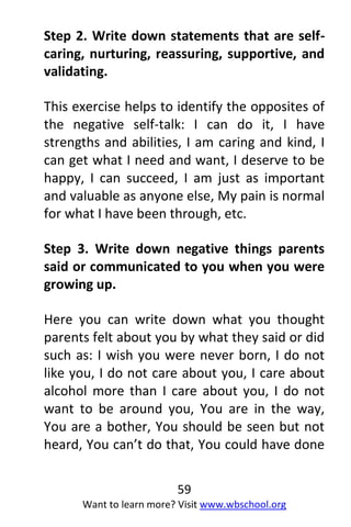 59
Want to learn more? Visit www.wbschool.org
Step 2. Write down statements that are self-
caring, nurturing, reassuring, supportive, and
validating.
This exercise helps to identify the opposites of
the negative self-talk: I can do it, I have
strengths and abilities, I am caring and kind, I
can get what I need and want, I deserve to be
happy, I can succeed, I am just as important
and valuable as anyone else, My pain is normal
for what I have been through, etc.
Step 3. Write down negative things parents
said or communicated to you when you were
growing up.
Here you can write down what you thought
parents felt about you by what they said or did
such as: I wish you were never born, I do not
like you, I do not care about you, I care about
alcohol more than I care about you, I do not
want to be around you, You are in the way,
You are a bother, You should be seen but not
heard, You can’t do that, You could have done
 