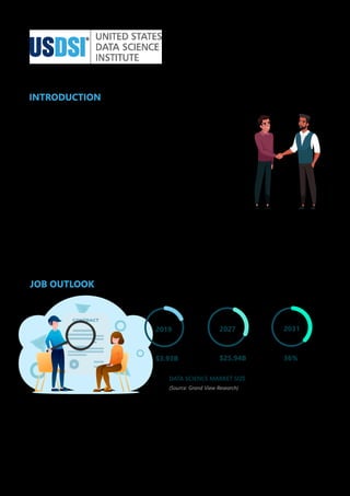 2019 2027 2031
$3.93B $25.94B 36%
DATA SCIENCE MARKET SIZE
(Source: Grand View Research)
INTRODUCTION
JOB OUTLOOK
Data Science has become the backbone of today’s businesses. Without data, business
leaders won’t be able to make an effective future-proof decision. With data-driven
decisions, organizations of all kinds across industries and globally, have improved their
business operations and enhanced customer experience.
Data Science professionals are behind this transformation and use their unique skills and
expertise to draw meaningful insights out of raw data and present them in the most
convenient form to the stake-holders so that they can use it for the better interest of
organizations.
If you are someone interested in a data science career, then this document
file will guide you through the exciting career of data science professionals. Here we will be talking
about the job outlook in a data science career, the skills and qualifications required to become an
efficient data scientist, and USDSI’s Certified Data Science Professional (CDSP™) which is one of the best
certification programs for data science professionals which can help immensely in your data science career.
Because of this increased reliance of businesses on data science, there is a huge demand for certified data science professionals. As per the
Bureau of Labor Statistics, the demand for data scientists is projected to grow by 36% by 2031 as there are 13500 job postings for data
scientists every year. Not only that, the median annual salary of data scientists in the US was $122,840 last year which we can very much
expect to grow in the coming years.
©2023. United States Data Science Institute (USDSI®). All Rights Reserved
 