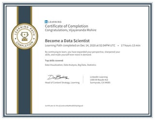 Certificate of Completion
Congratulations, Vijayananda Mohire
Become a Data Scientist
Learning Path completed on Dec 14, 2020 at 02:04PM UTC • 17 hours 13 min
By continuing to learn, you have expanded your perspective, sharpened your
skills, and made yourself even more in demand.
Top skills covered
Data Visualization, Data Analysis, Big Data, Statistics
Head of Content Strategy, Learning
LinkedIn Learning
1000 W Maude Ave
Sunnyvale, CA 94085
Certificate Id: AYoJjCwidussMpM6oBSh9p5AgosO
 