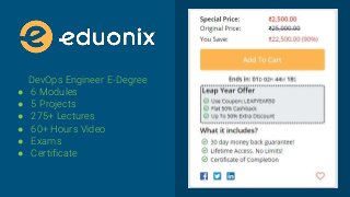 DevOps Engineer E-Degree
● 6 Modules
● 5 Projects
● 275+ Lectures
● 60+ Hours Video
● Exams
● Certificate
 